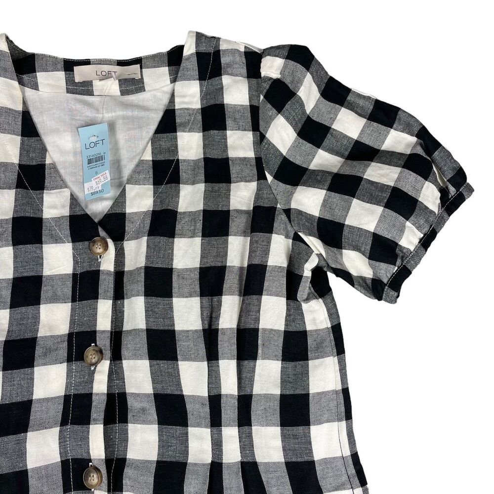LOFT Dress Womens 8P Petite Black White Plaid Button V-Neck Checkered Casual NWT - Picture 5 of 10